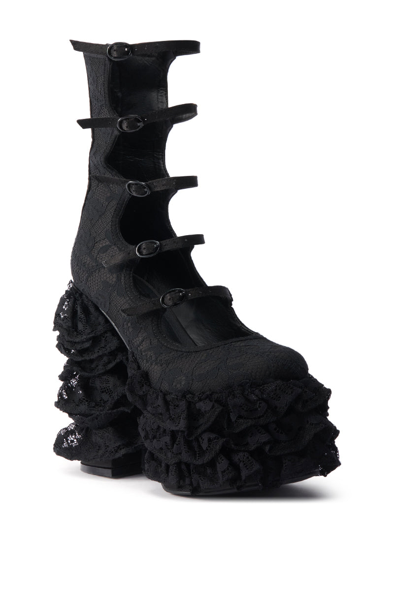 The AZALEA WANG SPREENE FRILL LACE PUMP IN BLACK features a black platform, chunky heel, ruffled lace on the sole and heel, and multiple buckled ankle straps—an ideal bold choice for a Gothic Chic style.