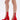 Model wears the AZALEA WANG SPREENE RED CHUNKY PUMP—bold, bright red faux leather lace platform heels with four buckled straps, ruffled toe details, and chunky heels—shown against a plain white background.