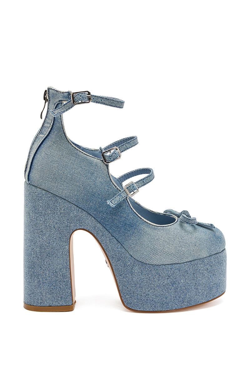 The AZALEA WANG SPROUT DENIM CHUNKY PUMP features a side view in light blue denim, three thin buckled straps, a bold platform block heel for height and style, plus a comfort cushion insole for all-day wear. 5