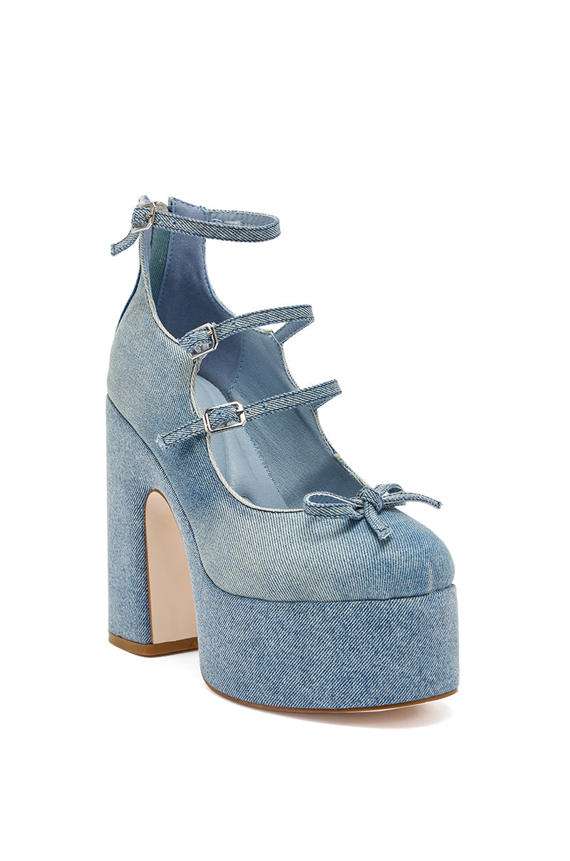 №728【DENIM Remake チュールSHOLDER♥】デニムストラップ AZALEA WANG SPROUT DENIM CHUNKY PUMP – AKIRA
