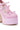 Close-up of the AZALEA WANG SPROUT PINK CHUNKY PUMP featuring a pink chunky heel, floral lace overlay, double silver-buckled straps, and a decorative toe bow, displayed on a white background.