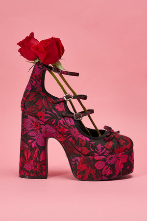 AZALEA WANG SPROUT RED MULTI FLORAL BROCADE MARY JANE PLATFORM