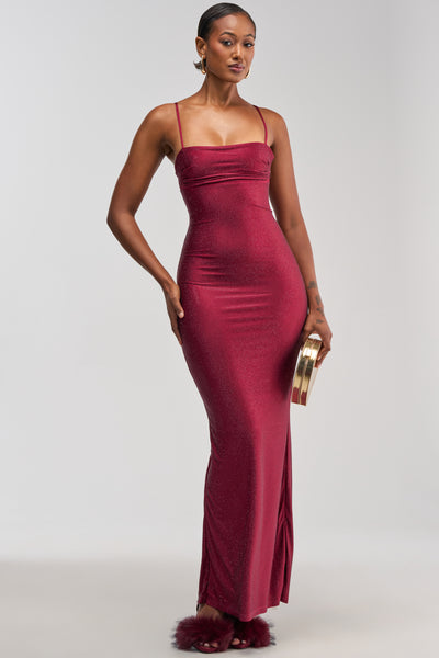 Rhinestone Bodycon Maxi Dress in Burgundy