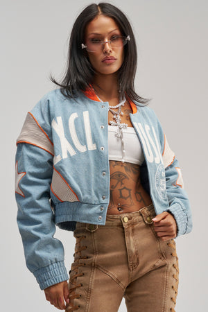 INVITE ONLY DENIM VARSITY BOMBER – AKIRA