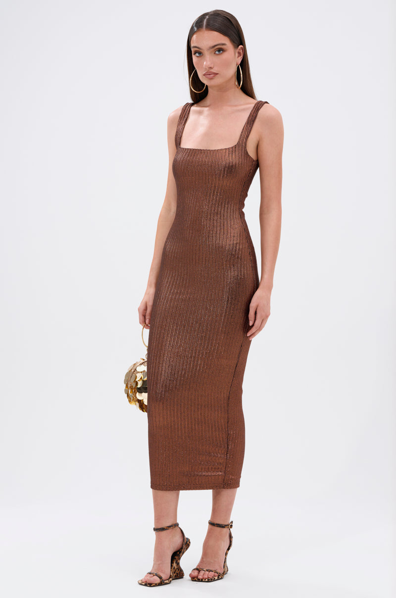 WHY NOT METALLIC MIDI DRESS IN BRONZE – AKIRA