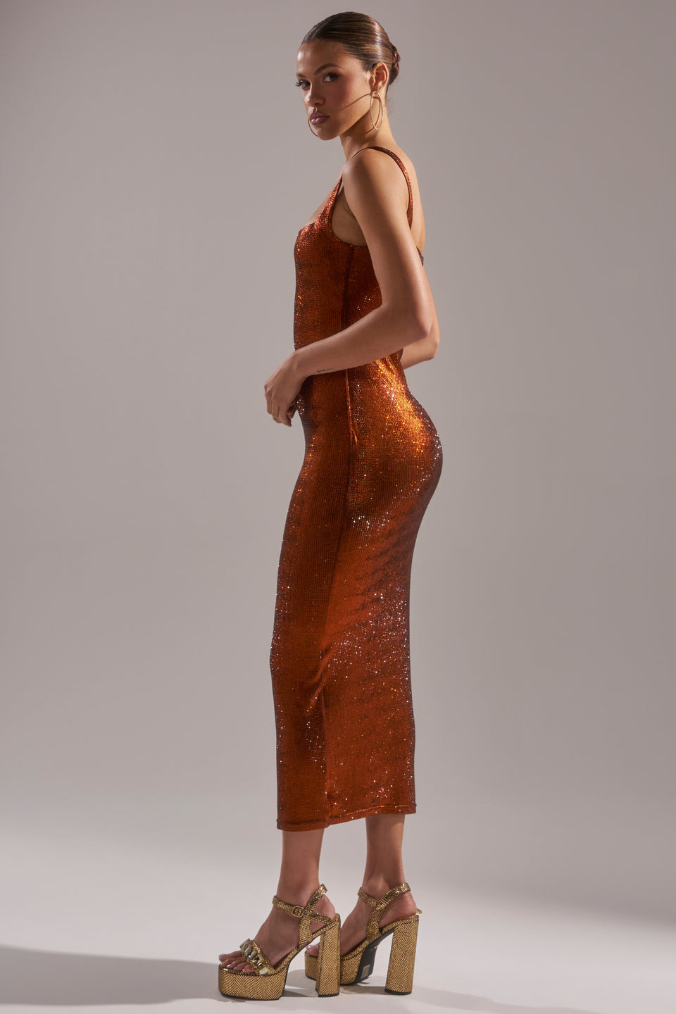 AKIRA Classy But Sassy Rhinestone Midi Dress In Rust