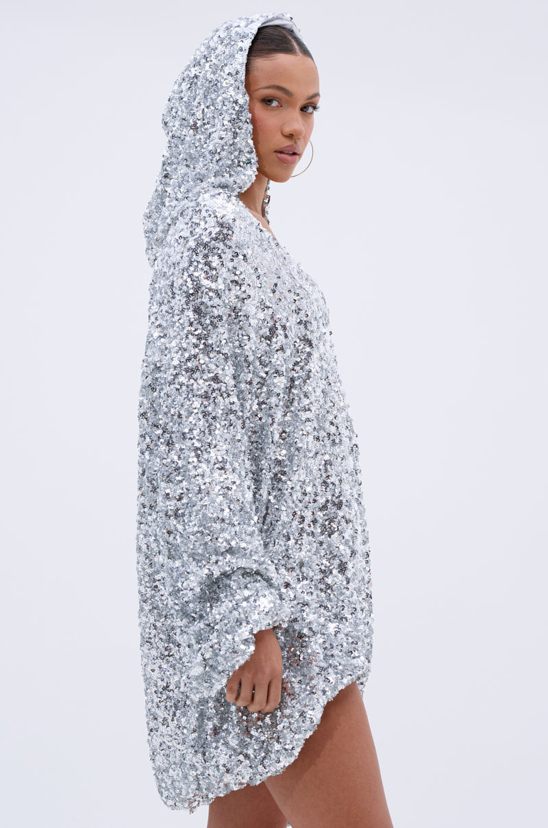 GISELLE SEQUIN SWEATSHIRT DRESS IN SILVER AKIRA GISELLE SEQUIN SWEATSHIRT DRESS IN SILVER AKIRA