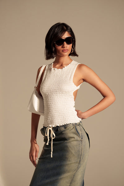 CHLOE OPEN BACK & SMOCKED BODY TOP – AKIRA