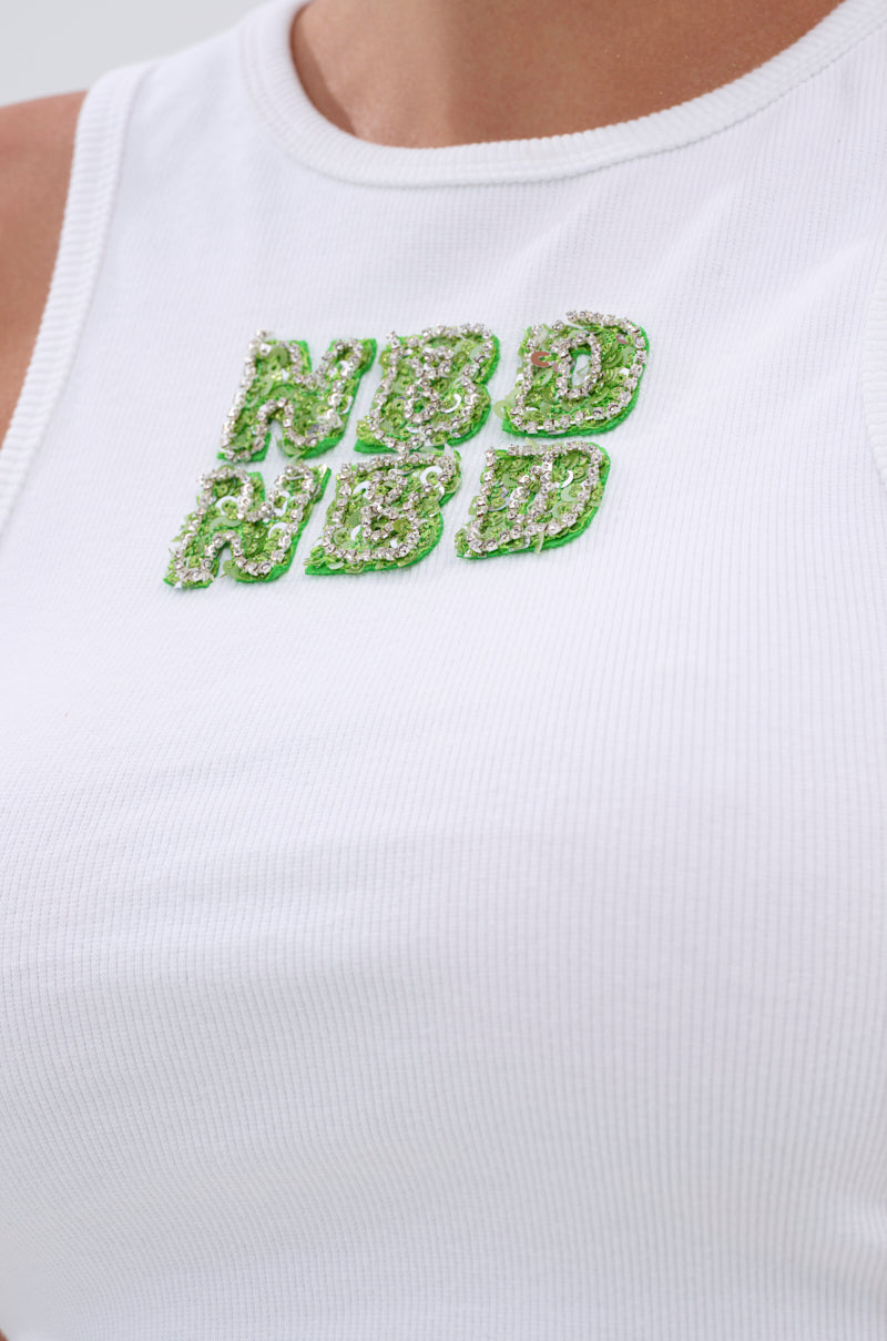 Close-up of a person wearing the ALL ABOUT ME TANK, a ribbed knit cotton Y2K top with rhinestone "NBD" beaded embellishments outlined in neon green.