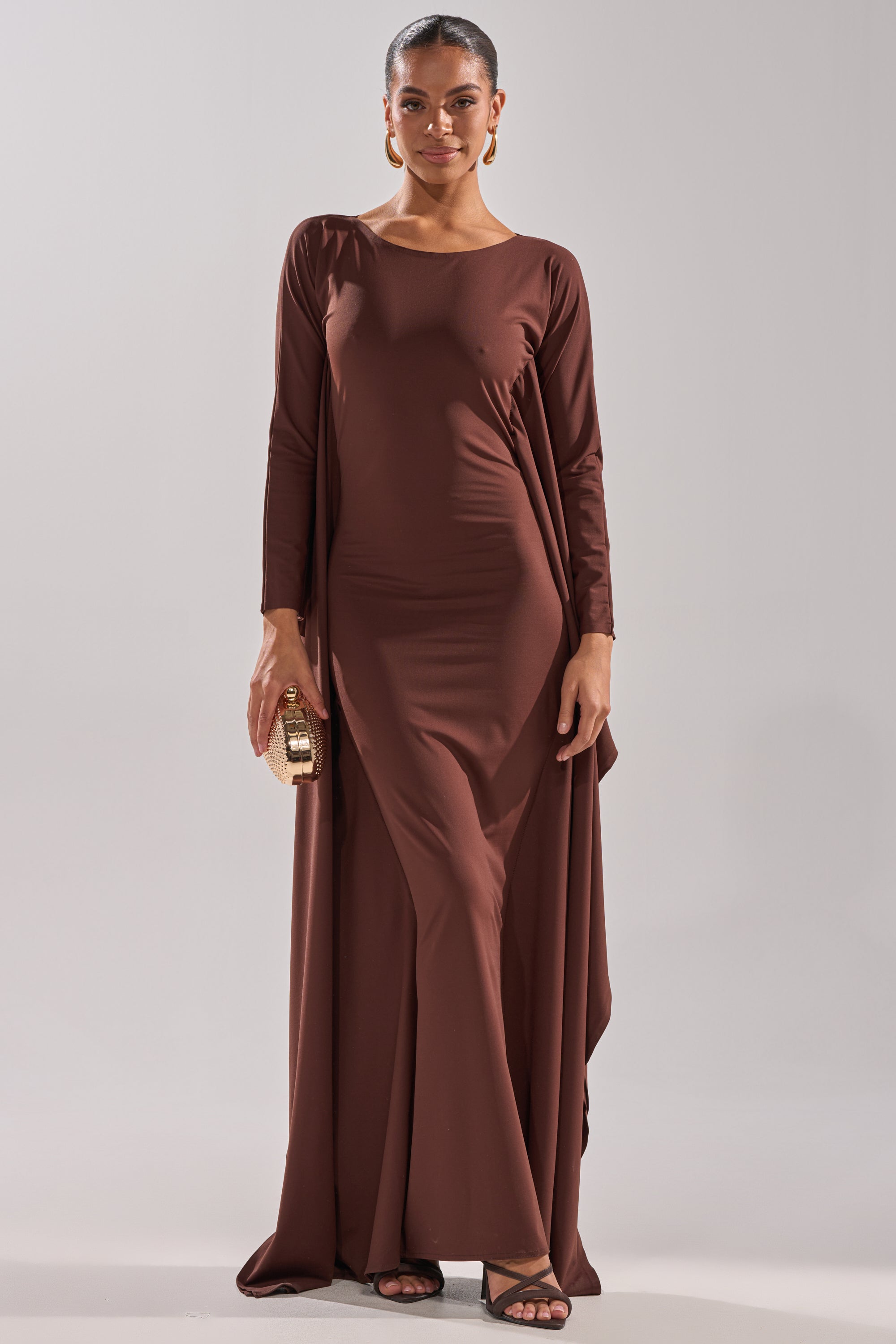 KYLIE MAXI DRESS WITH RUFFLE SLEEVES IN BROWN AKIRA KYLIE MAXI DRESS WITH RUFFLE SLEEVES IN BROWN AKIRA