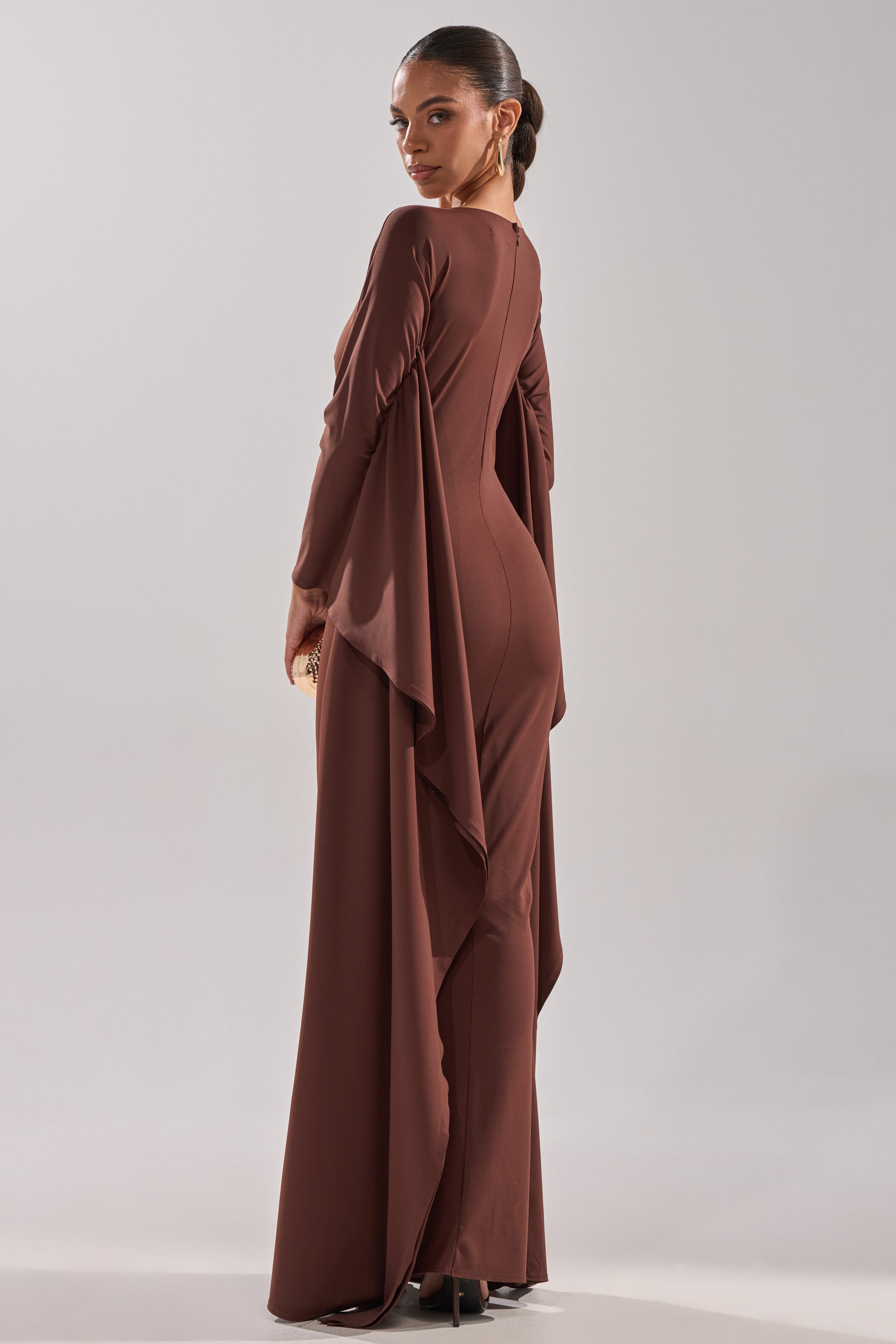 KYLIE MAXI DRESS WITH RUFFLE SLEEVES IN BROWN AKIRA KYLIE MAXI DRESS WITH RUFFLE SLEEVES IN BROWN AKIRA