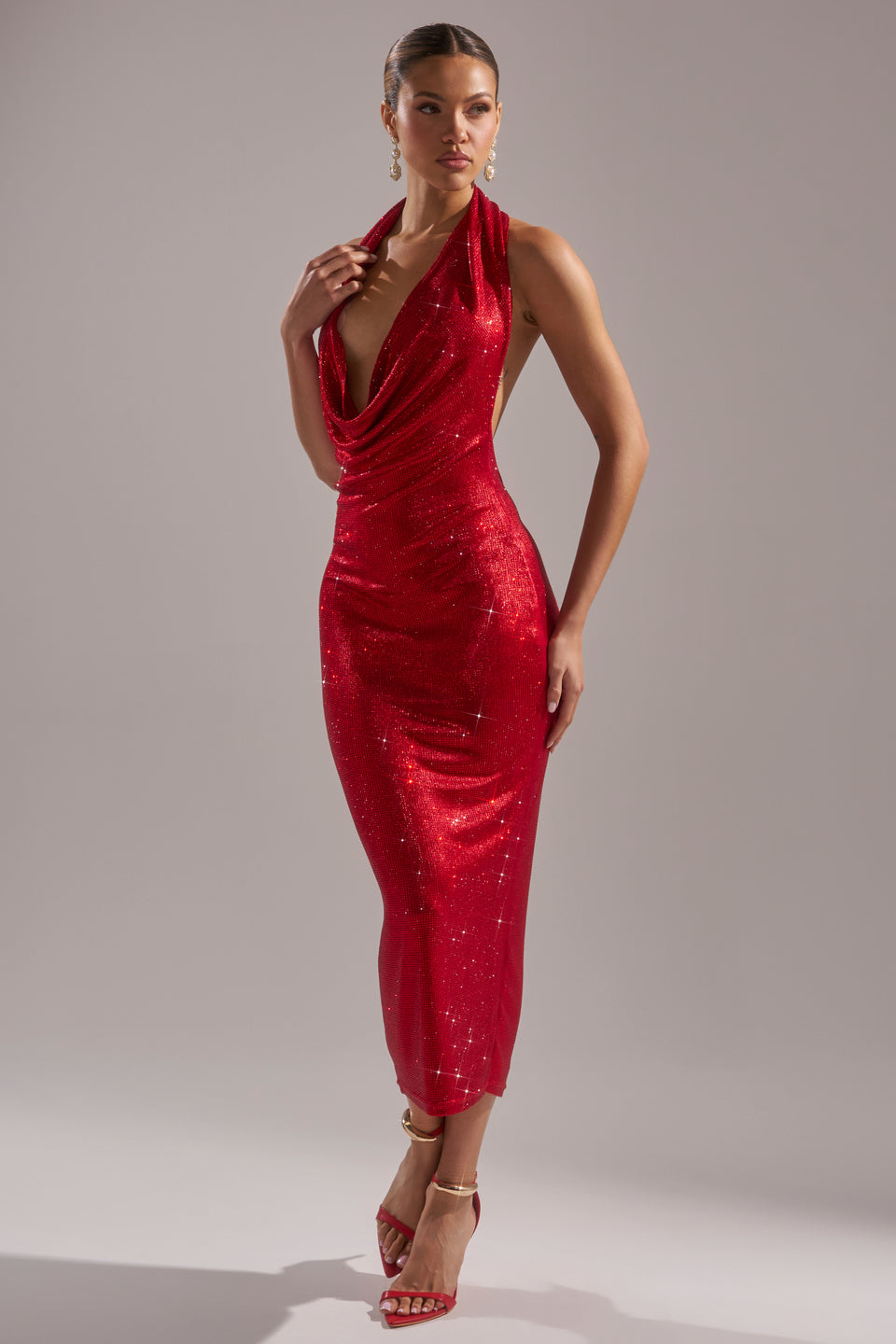 bedazzled red dress AKIRA Poppin' Bottles Rhinestone Maxi Dress | Red
