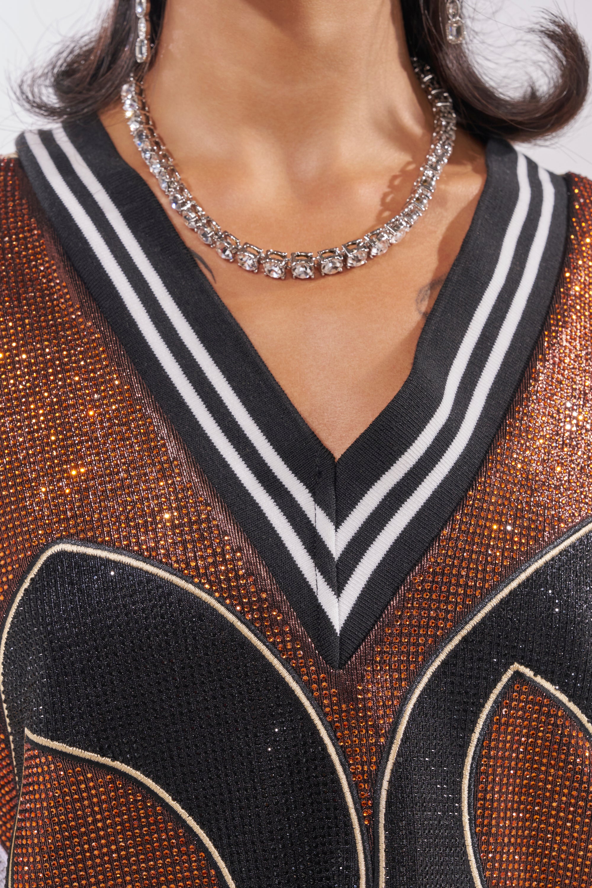 AKIRA Ryan Colorblock Rhinestone Jersey Dress In Cocoa | Brown
