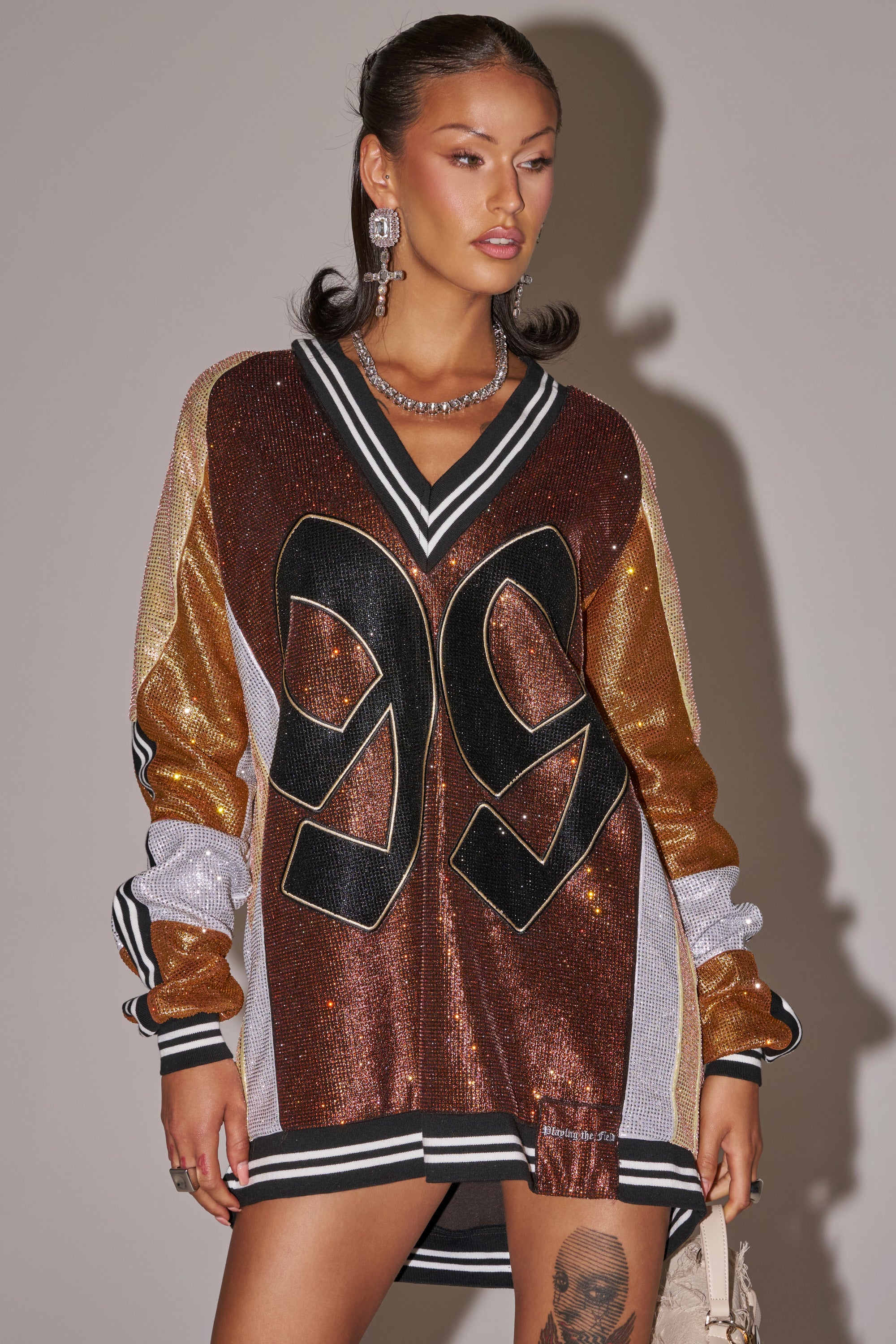 AKIRA Ryan Colorblock Rhinestone Jersey Dress In Cocoa | Brown | Size Medium AKIRA Ryan Colorblock Rhinestone Jersey Dress In Cocoa | Brown | Size Medium