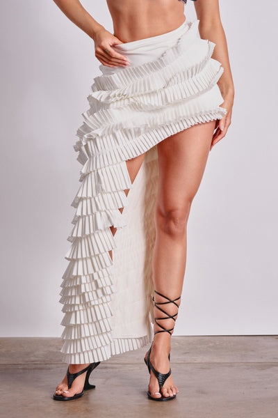 White Ruffle Hi-Lo Midi Skirt, Slim Fit | AKIRA
