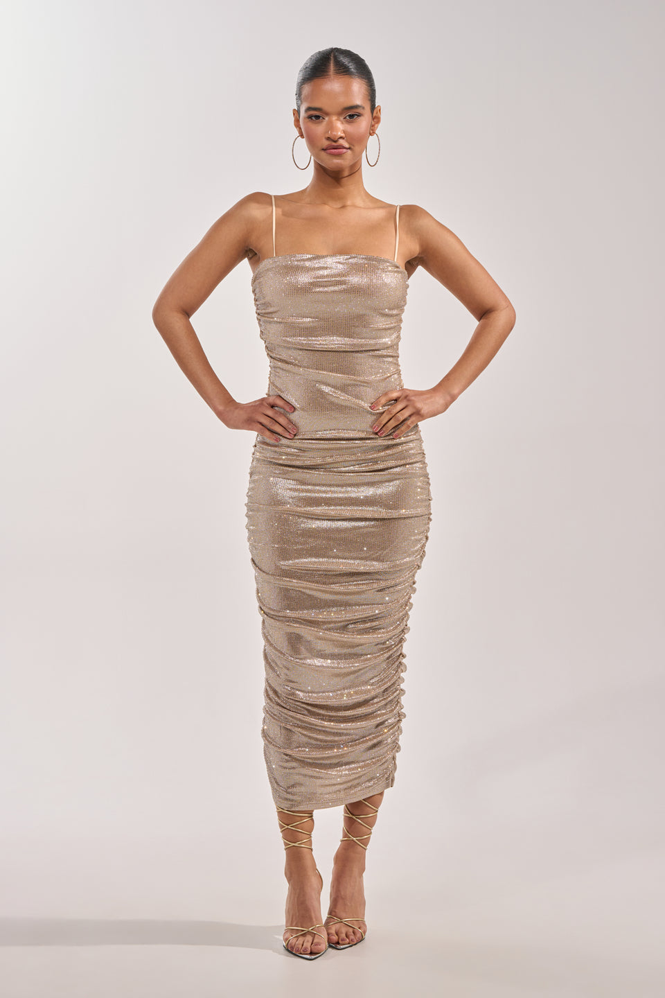 champagne strapless cocktail dress Ophelia Strapless Embellished Satin Maxi Dress