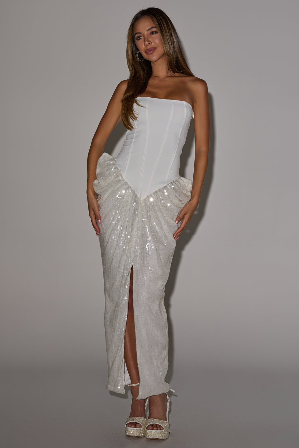 AKIRA Glow Getter Sequin Corset Maxi Dress
