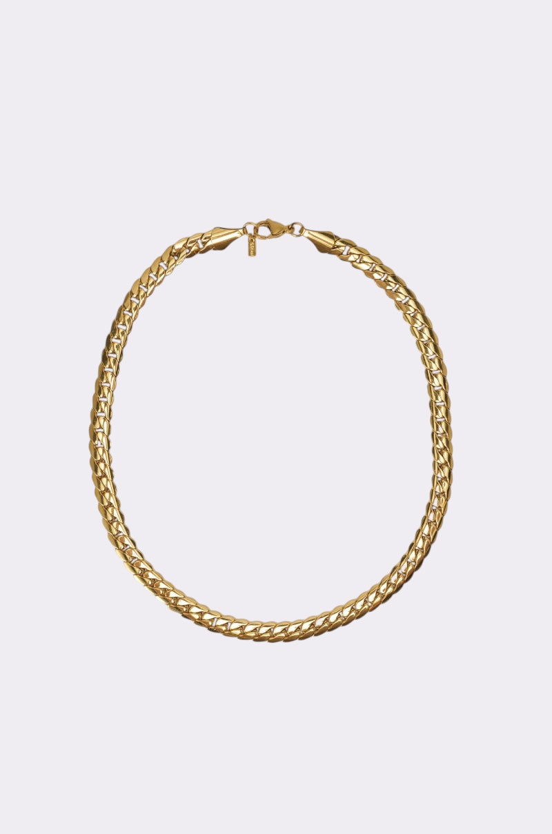 The 16 INCH MIAMI CHAIN 8MM is a gold-tone necklace with a braided Cuban chain design, displayed in a circle with a top clasp on a plain light background. 0