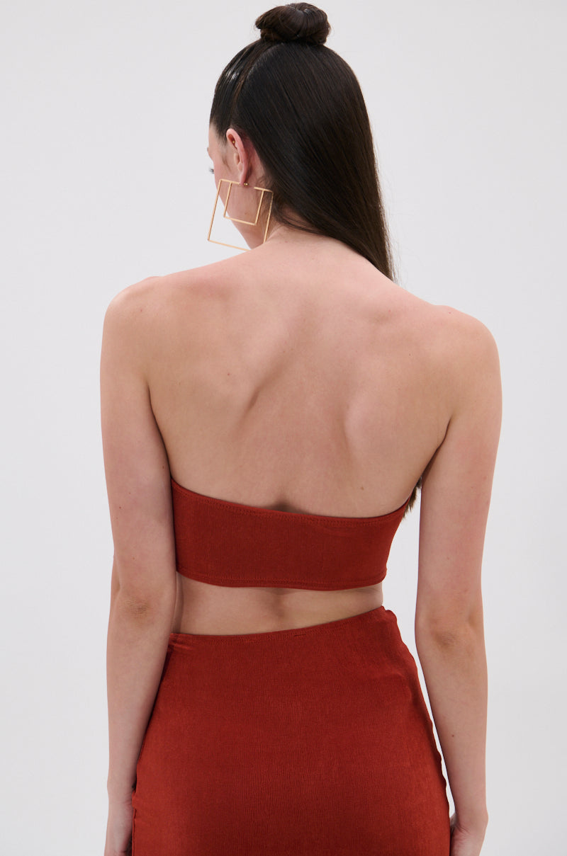 A woman with long, straight dark hair, styled in a topknot, is seen from behind wearing the ON MY MIND SLINKY BRALETTE in rust and a matching skirt. She accents her look with geometric square earrings against a plain light background. 4