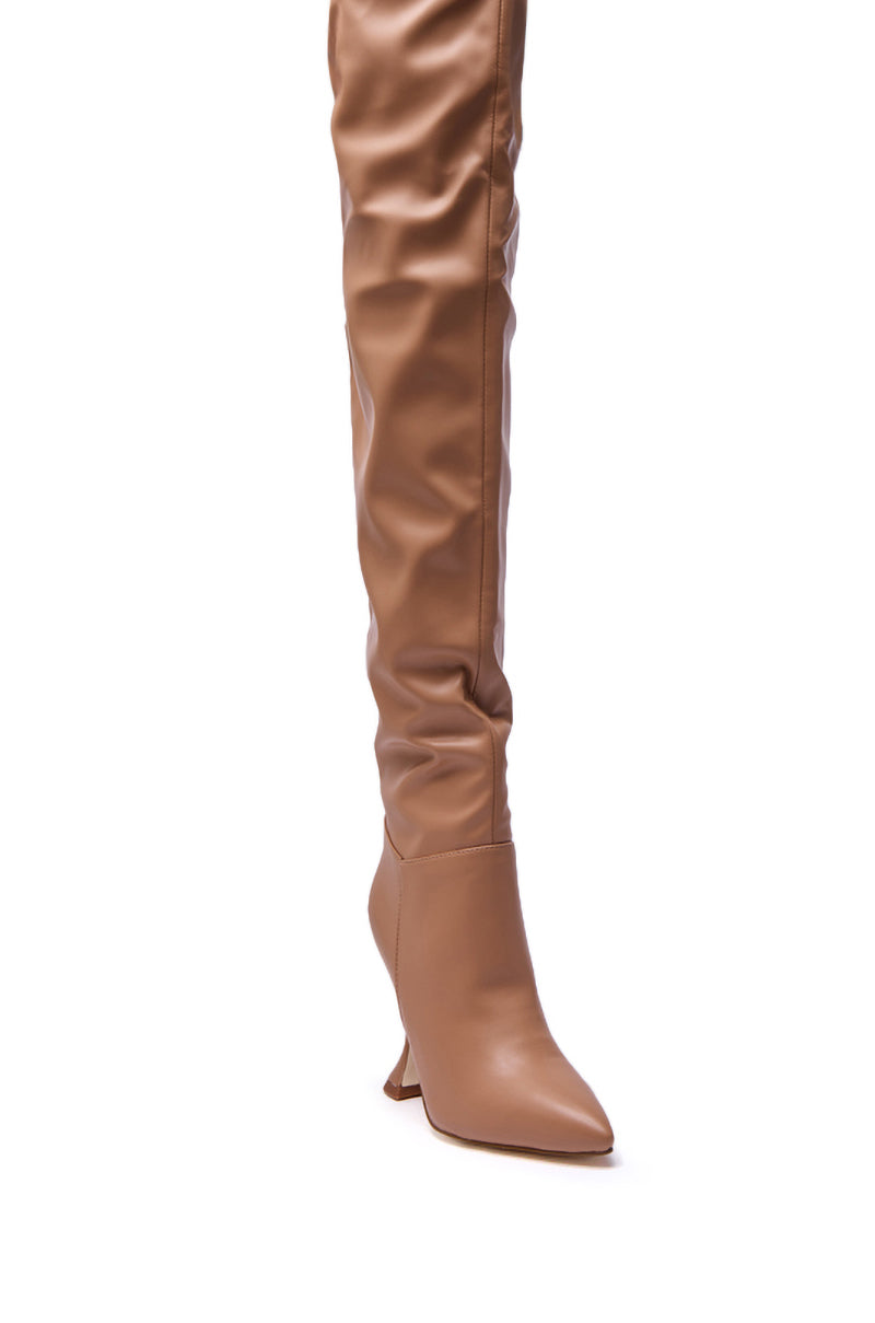 The AZALEA WANG STEPHAN BEIGE PU FLARED HEEL RUCHED BOOT is a single tan, knee-high faux leather boot with a pointed toe, slouched calf design, and slightly flared low heel, shown against a white background.