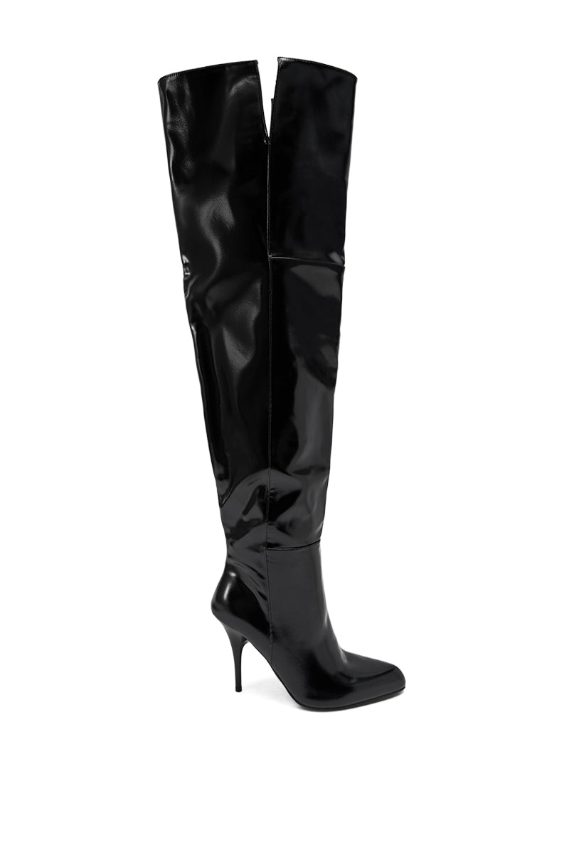 The AZALEA WANG SUNSHINE thigh-high black PU stiletto boot features a pointed toe and a small V-shaped slit at the top.