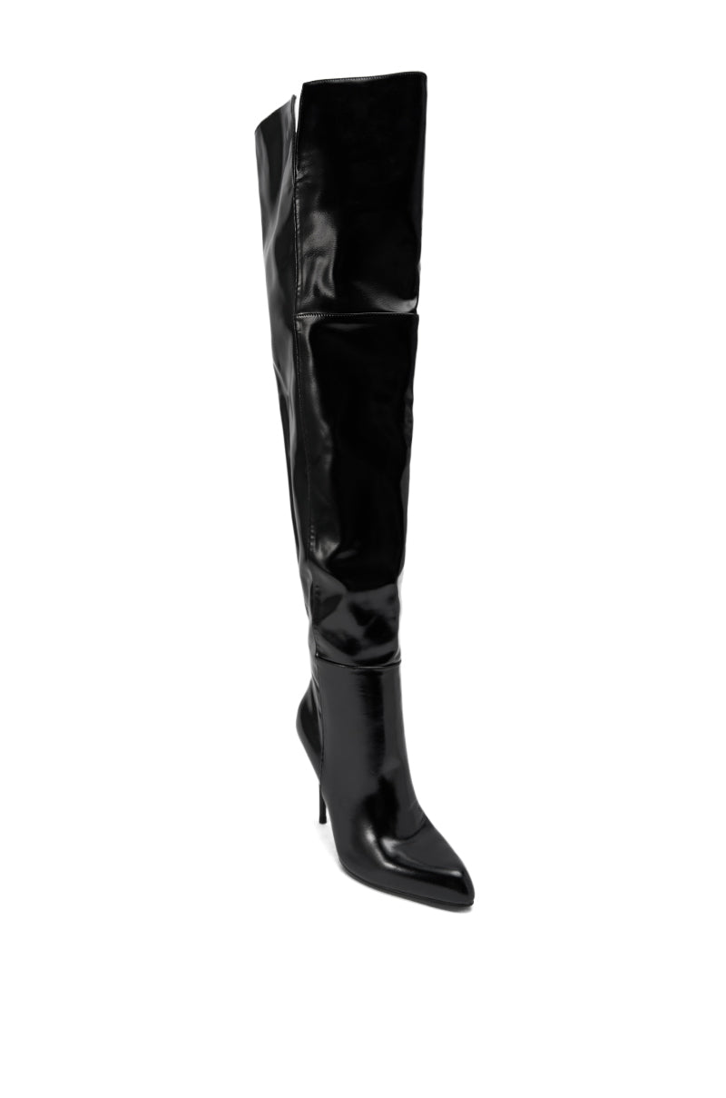 The AZALEA WANG SUNSHINE THIGH HIGH BLACK PU STILETTO BOOT, made of shiny black faux leather, is shown against a white background. This pointed-toe, over-the-knee style features a slim stiletto heel for a bold statement look.