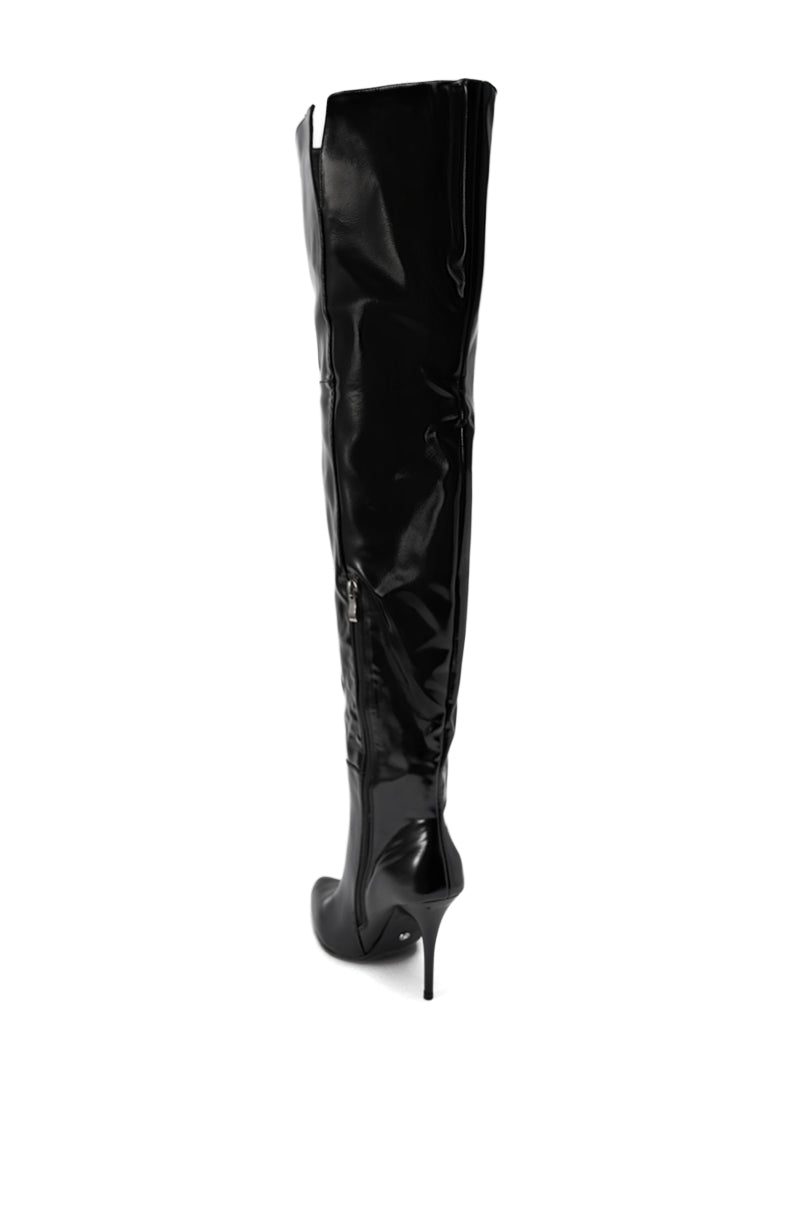 The AZALEA WANG SUNSHINE THIGH HIGH BLACK PU STILETTO BOOT features a shiny black patent finish, pointed toe, and stiletto heel, shown solo against a plain white background.