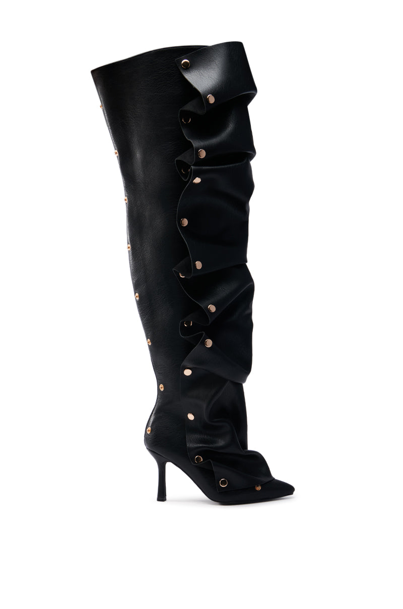 The AZALEA WANG SWELCIE Black PU Gold Hardware Stiletto Boot features a slouchy design with decorative gold studs along the seams, presented on a plain white background.
