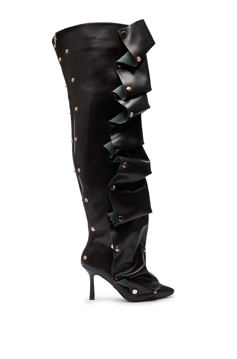 The AZALEA WANG SWELCIE Chocolate Brown Thigh High Boot features faux leather, a ruffled front with gold snap details, dramatic vertical folds, a pointed toe, and a sleek stiletto heel for an elegant touch. 1