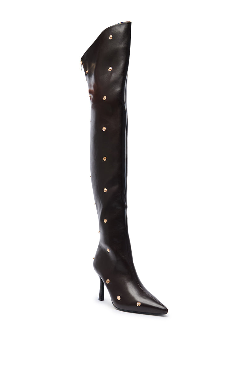 The AZALEA WANG SWELCIE chocolate brown thigh-high boot in faux leather has a folded design, snap details, a pointed toe, and stiletto heel. 4