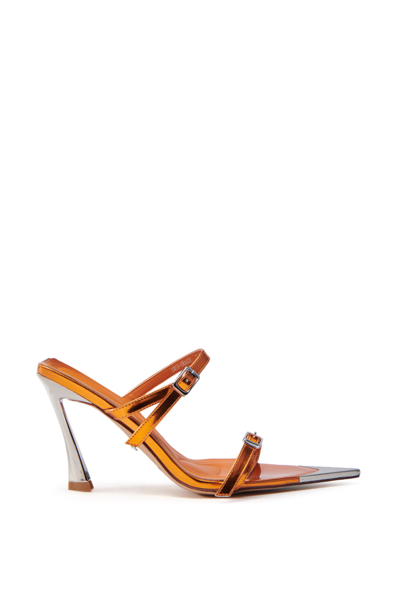 The AZALEA WANG SWEN ORANGE STILETTO SANDAL features orange metallic faux leather with a pointed toe and dual thin straps, accented by sleek silver details. The contrasting stiletto heel and comfort cushion insole ensure modern style with all-day wearability.