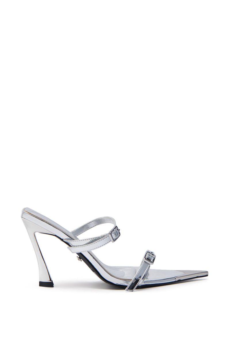 The AZALEA WANG SWEN SILVER STILETTO SANDAL features a clear, pointed open toe with two transparent straps and an angular heel made of metallic faux leather, offering a minimalist and modern sleek design.