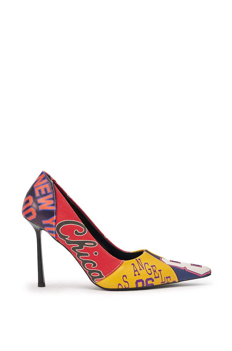 The AZALEA WANG MULTI PRINTED STILETTO POINTED TOE PUMP features a bold patchwork design with city names like "Chicago," "New York," and "Los Angeles" printed on the fabric, plus a comfort cushion insole. 4