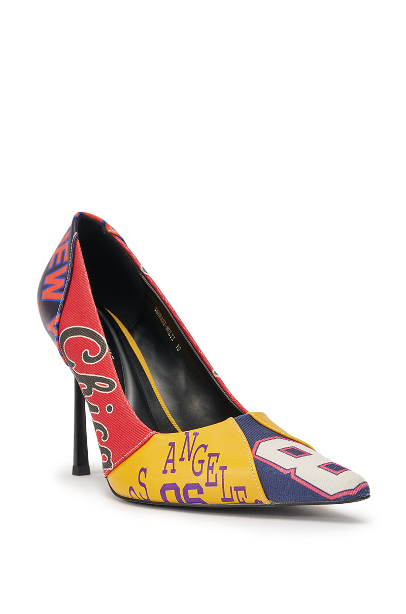 The AZALEA WANG MULTI PRINTED STILETTO POINTED TOE PUMP features a colorful patchwork design with city names like Chicago, Los Angeles, and New York on the pointed toe, plus a comfort cushion insole for added ease. 5