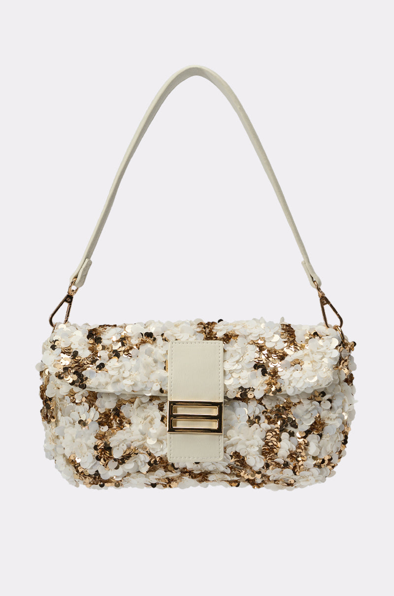 The BOUJEE BABE SEQUIN PURSE is a gold and white evening bag with a short strap, adorned with sequins and a rectangular flap with a gold buckle—an ideal accessory for parties. 0