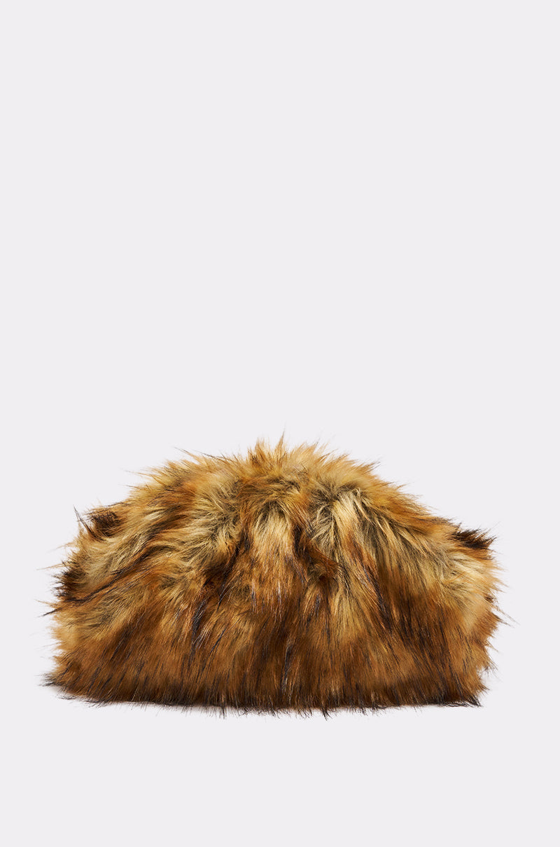The WILD CHILD FAUX FUR CLUTCH is a brown and black plush handbag with a fluffy, textured look, shown against a plain light background. 2