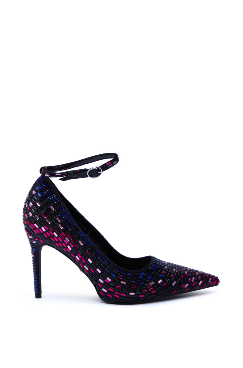 The AZALEA WANG TEAGAN BLACK MULTI RHINESTONE STRAP PUMP is a pointed-toe stiletto with an ankle strap and woven black, blue, pink, and purple pattern—an elegant high heel perfect for any occasion.
