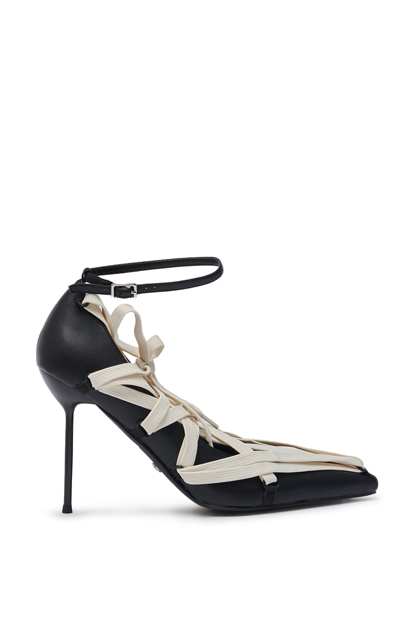 The AZALEA WANG TELWONE LACES DETAIL PUMP is a black pointed toe stiletto with cream crisscross ribbon straps, a thin buckled ankle strap, and sleek lace-up details for a blend of modern and classic elegance.