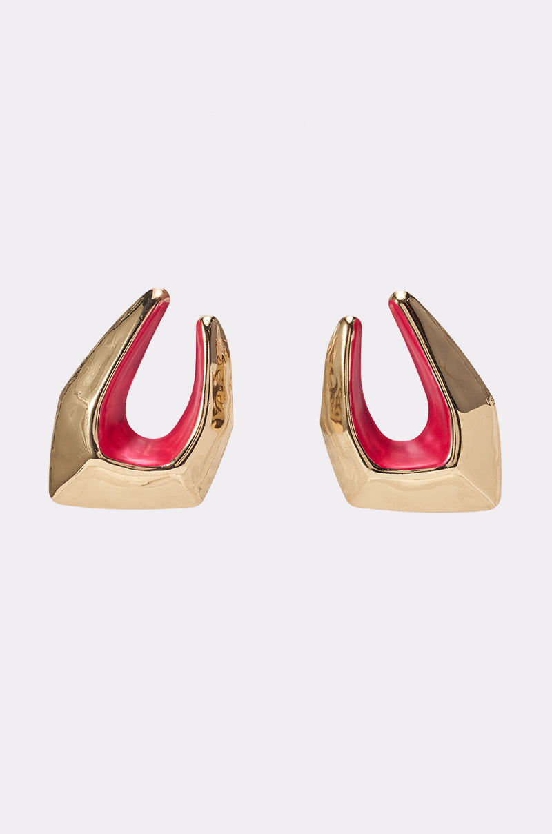 Introducing the RED FLAG ENERGY EARRINGS: striking gold geometric drop earrings with bold, angular forms and an open center, highlighted by a vibrant red inner accent. These sculptural earrings showcase a modern, artistic design and are presented against a simple, light background.
