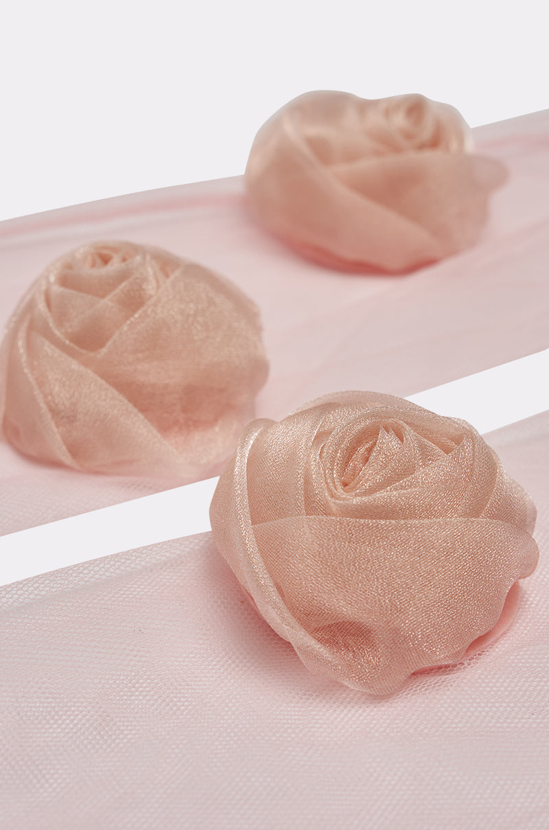 The SPRING SZN APPLIQUE GLOVES feature three delicate peach-pink rose appliques on sheer pink mesh, offering a soft and elegant touch—perfect as stylish festival accessories. 6