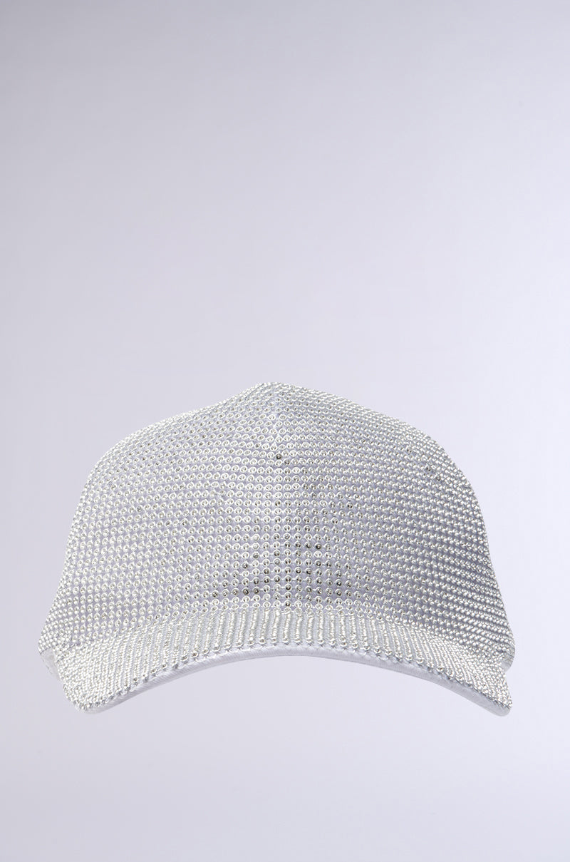 The IM RICH BLING SNAPBACK is a sparkling silver mesh baseball cap featuring a rhinestone overlay, shown against a plain light gray background. 2