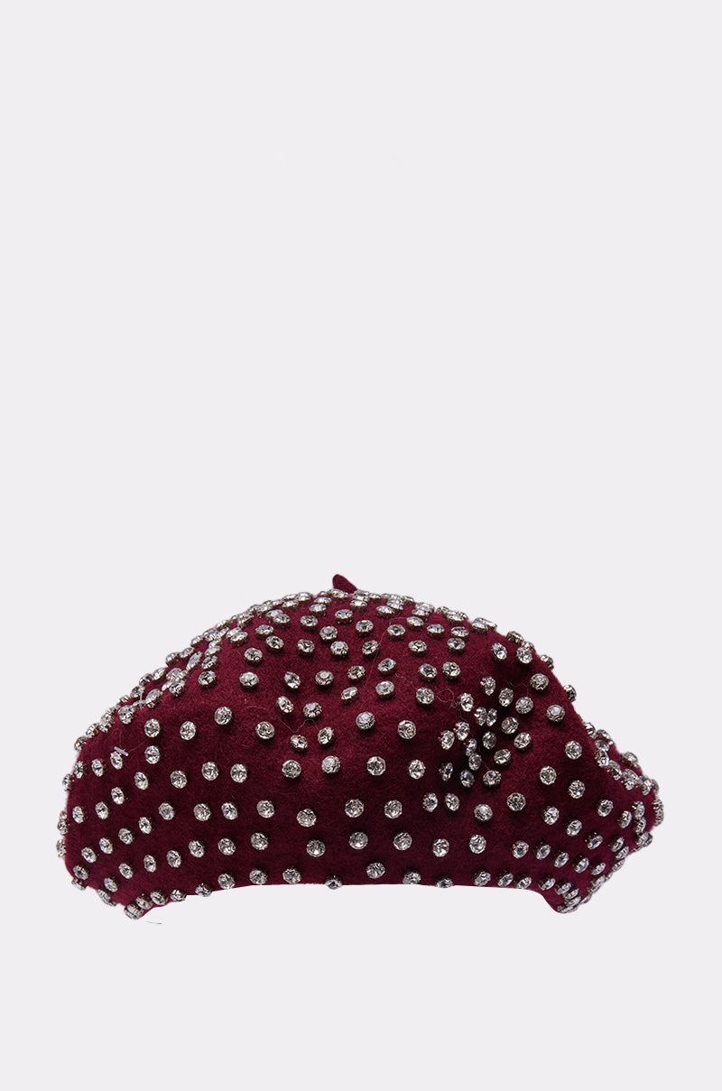 THE REAL RELATE EMBELLISHED BERET: A burgundy beret adorned with sparkling silver rhinestones, evenly distributed across the hat, displayed on a plain white background. 3