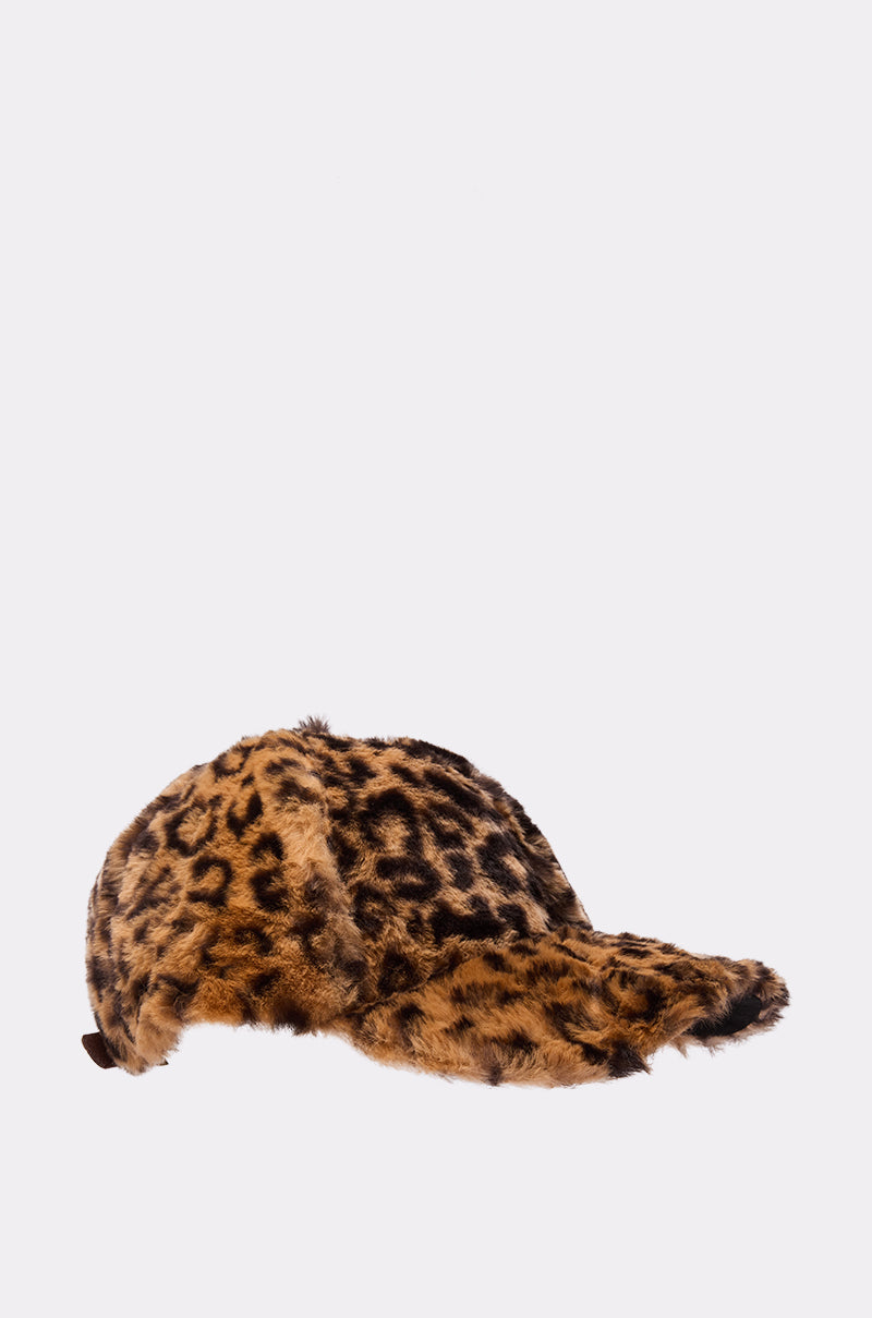 The WILD CHILD CHEETAH FUR SNAPBACK is a brown and black faux fur baseball cap with a leopard print pattern, shown against a plain light gray background. 2