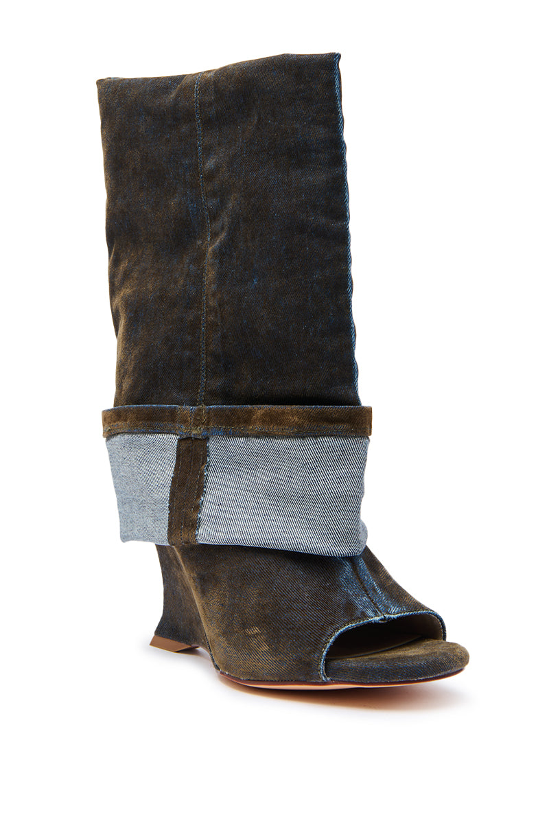 The AZALEA WANG TIN BROWN CUFFED WEDGE BOOTIE is a high-heeled wedge bootie with a peep toe, crafted from dark denim-like fabric and featuring a folded cuff plus lighter denim accents around the ankle for extra style.