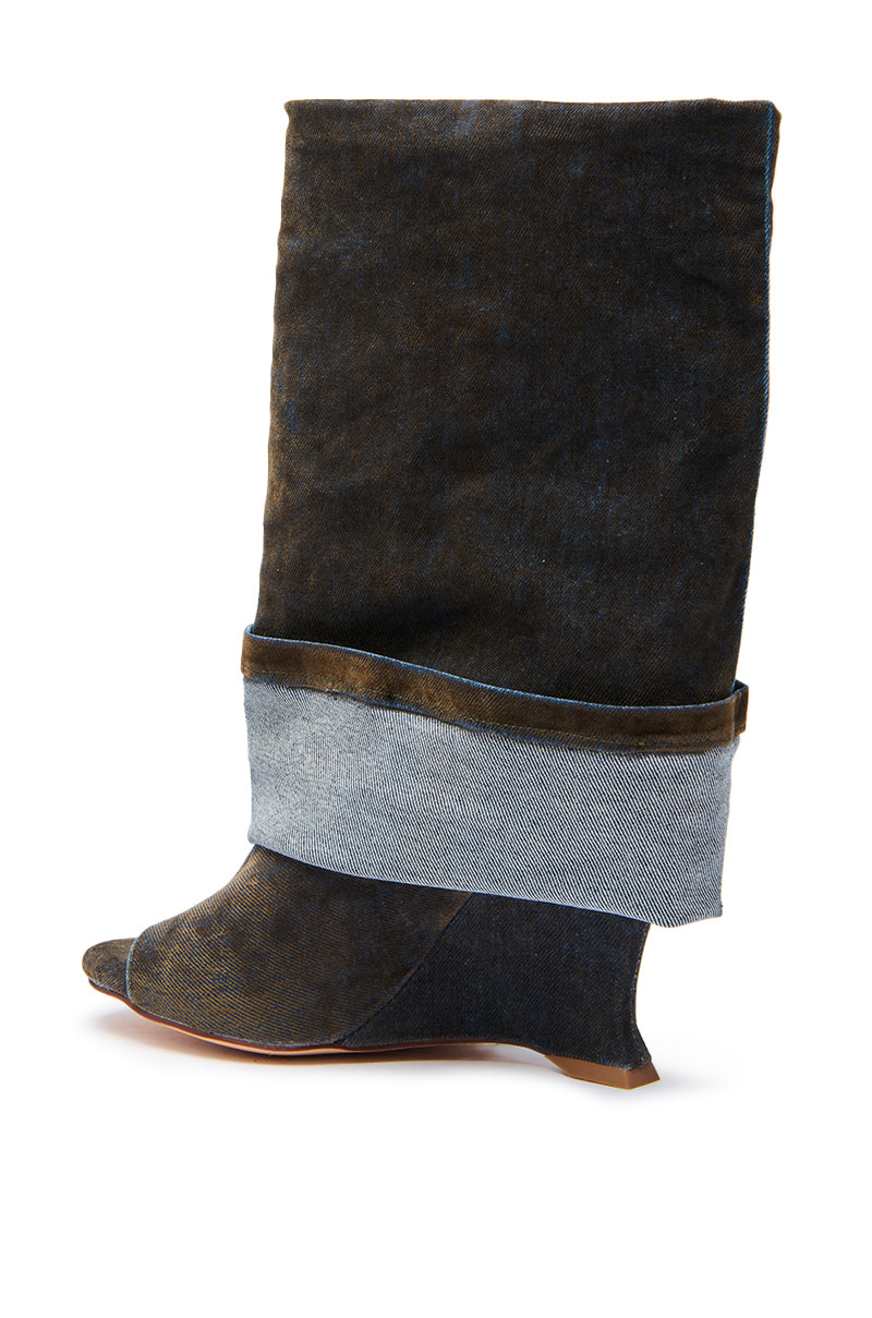 The AZALEA WANG TIN BROWN CUFFED WEDGE BOOTIE is a tall, slouchy mid-calf boot with a dark denim look, lighter cuff near the ankle, peep toe, and angled wedge heel for standout style.