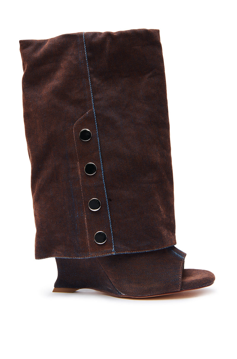 The AZALEA WANG TINSELED Burnt Orange Hidden Wedge Open Toe Bootie features blue stitching, four black and silver side buttons, a peep toe, and a flat sole, shown on a white background.