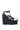 Presenting the AZALEA WANG TITANIA BLACK WEDGE SANDAL: a stylish black platform sandal featuring multiple straps adorned with silver buckles and studs. The shoe boasts a reptile-patterned texture and an open-toe design.