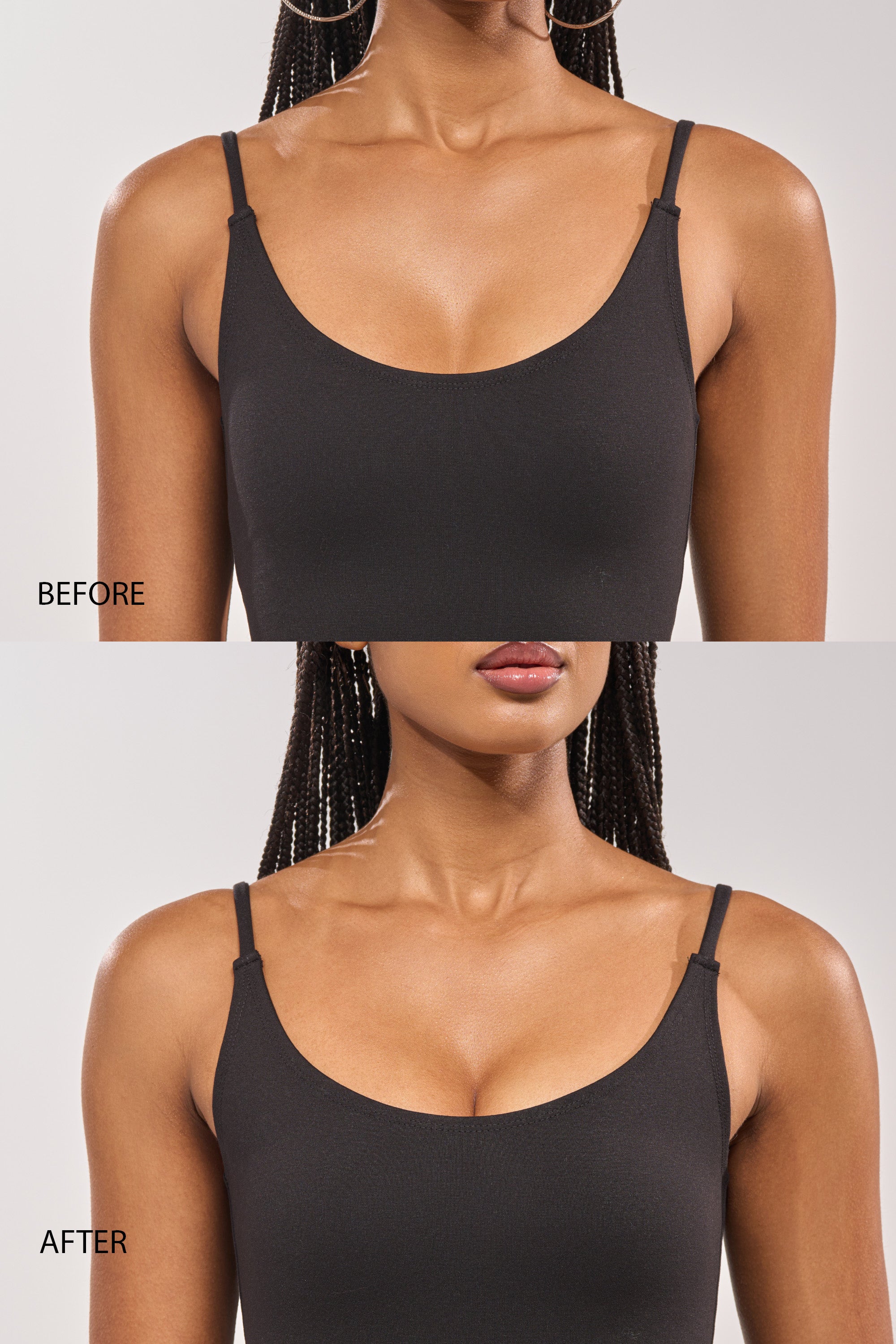 A side-by-side comparison shows a woman before and after, highlighting enhanced cleavage and a fuller bust in the "after" image thanks to the TITSY ADHESIVE BRA. 1