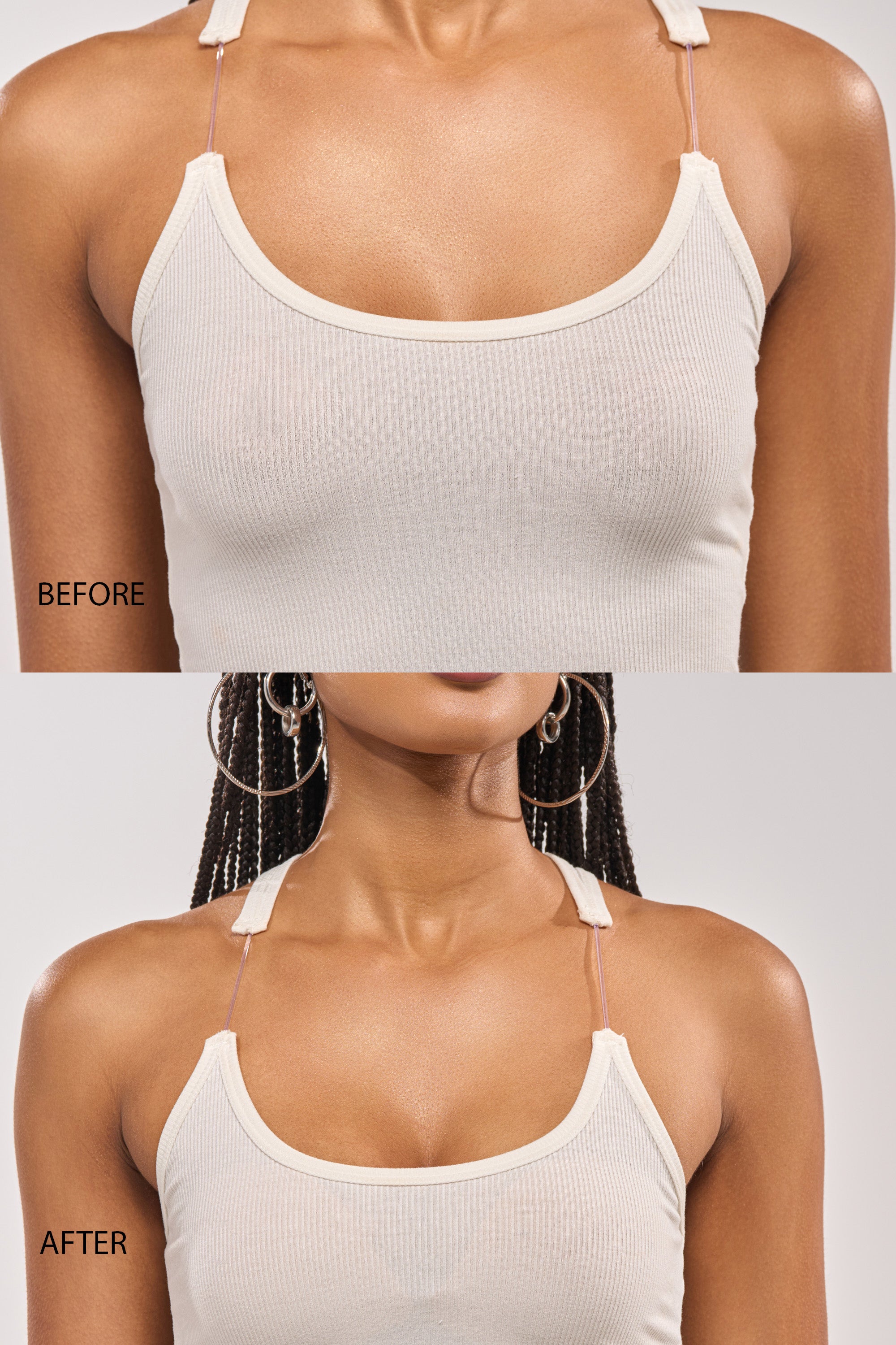 A split image shows a woman in a cream tank top. "Before": visible bra straps; "After": no visible straps, thanks to the TITSY ADHESIVE BRA IN NUDE for a seamless, smooth look. 1
