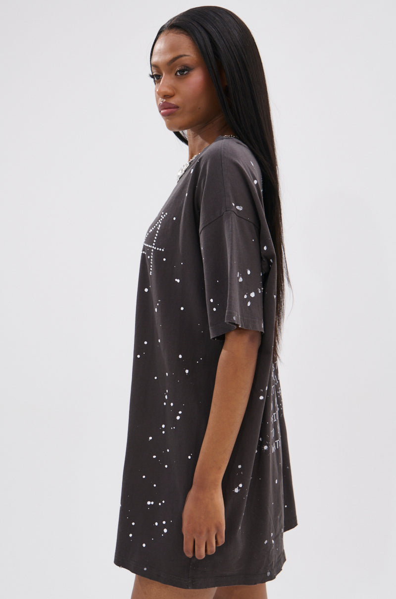 IT GIRL SPLATTERED GRAPHIC TSHIRT DRESS WITH RHINESTONES AKIRA IT GIRL SPLATTERED GRAPHIC TSHIRT DRESS WITH RHINESTONES AKIRA